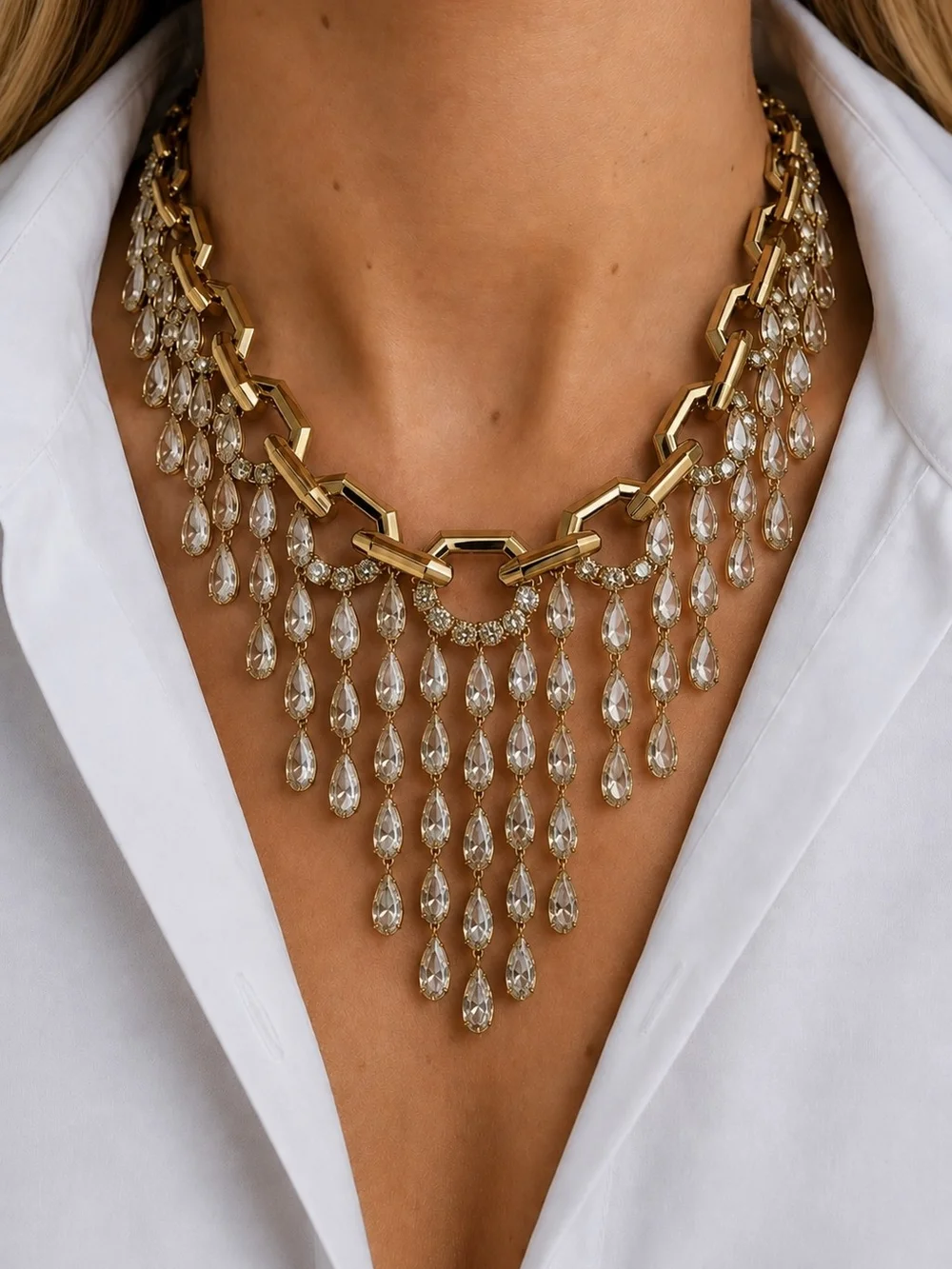 Statement Gold Necklace with Clear Crystal Fringe - Women's Jewelry
